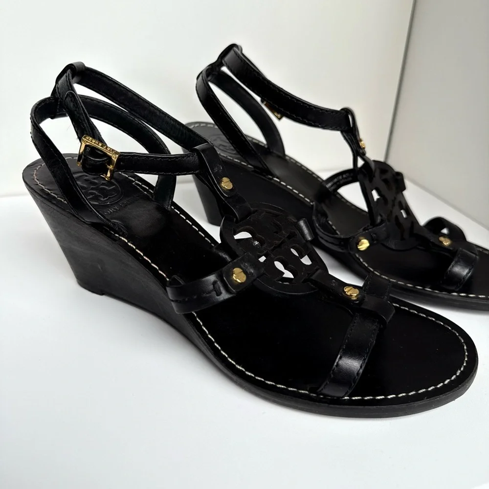 Tory Burch Black Leather Miller Logo Wedge Ankle Strap Sandals Size‎ 7M